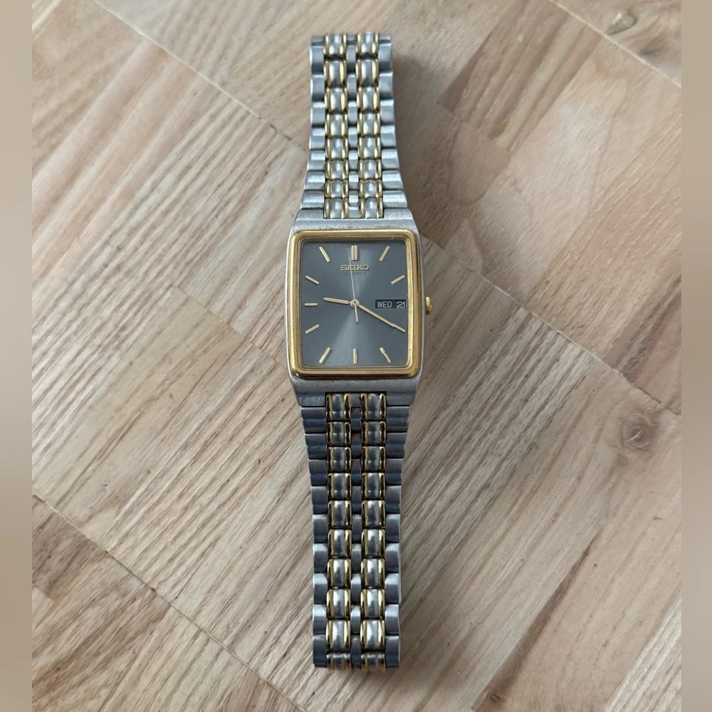 Seiko Rare Vintage Tank Watch Rectangular Gray Dial Two-Tone Case Bracelet Date